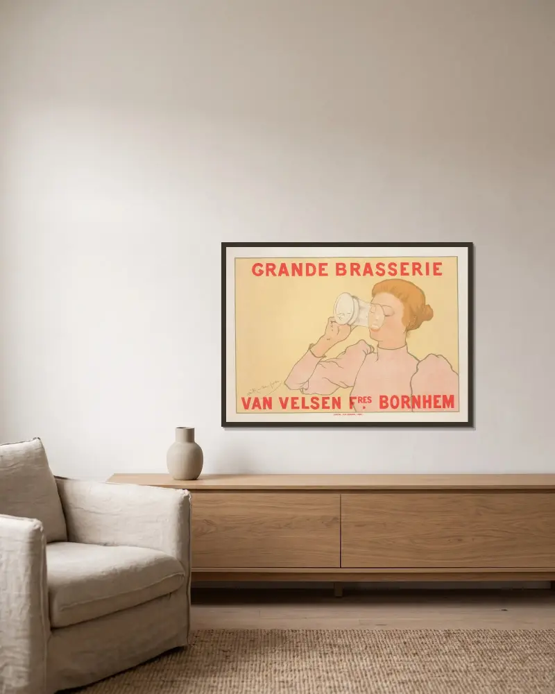 Grande Brasserie Van Velsen frères. Bornhem av Armand Rassenfosse inramad på en vägg