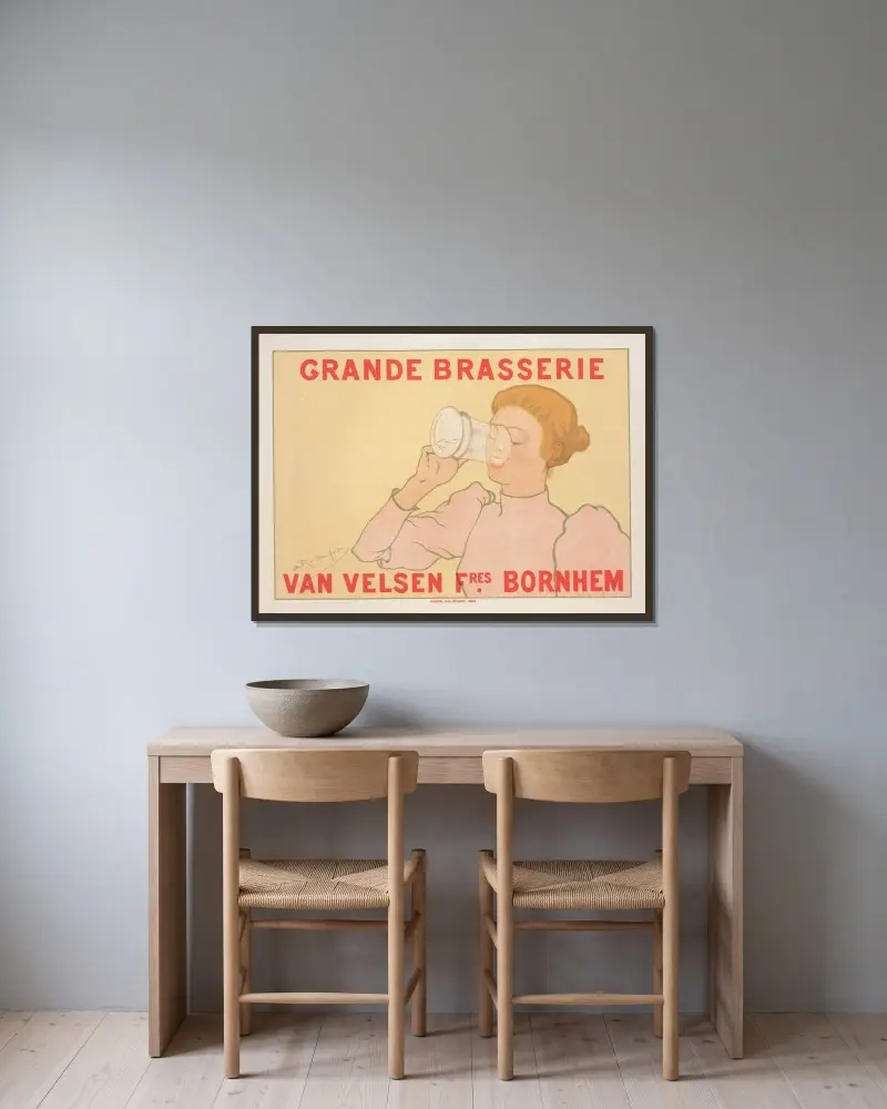 Grande Brasserie Van Velsen frères. Bornhem av Armand Rassenfosse inramad på en vägg