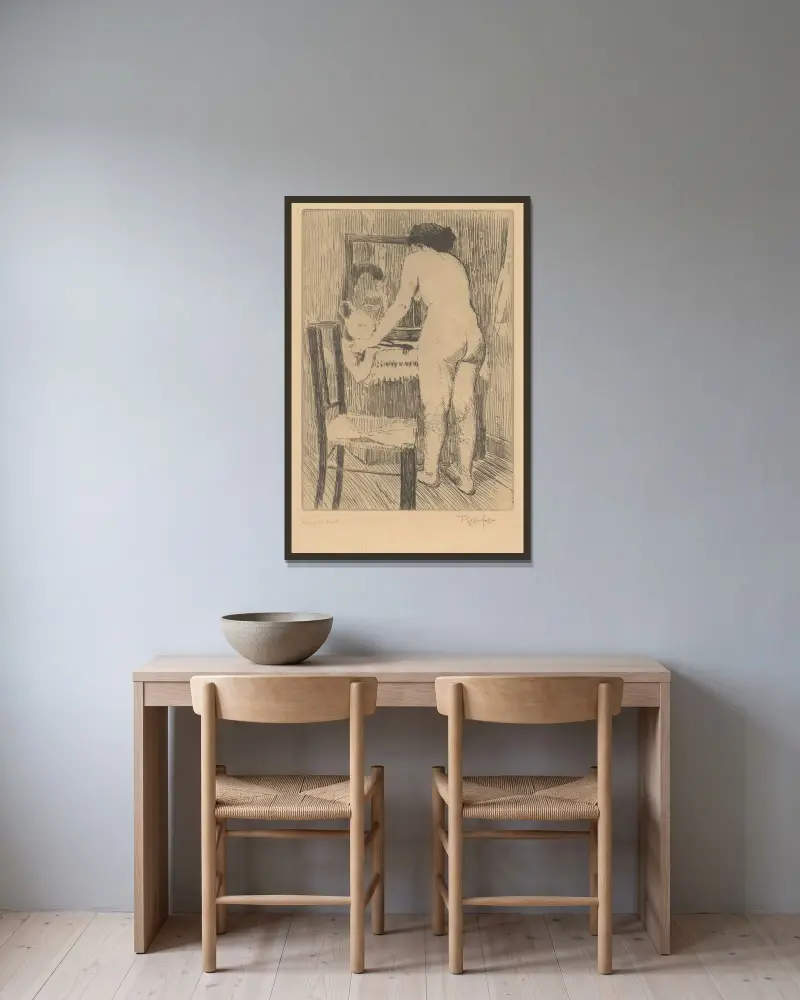 Naken kvinna vid sminkbord med spegel av Armand Rassenfosse inramad på en vägg