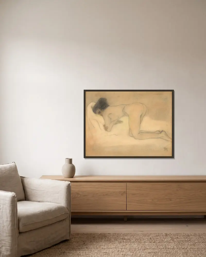 Naked woman squatting av Armand Rassenfosse inramad på en vägg