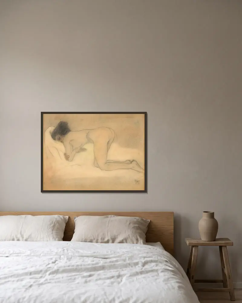 Naked woman squatting av Armand Rassenfosse inramad på en vägg