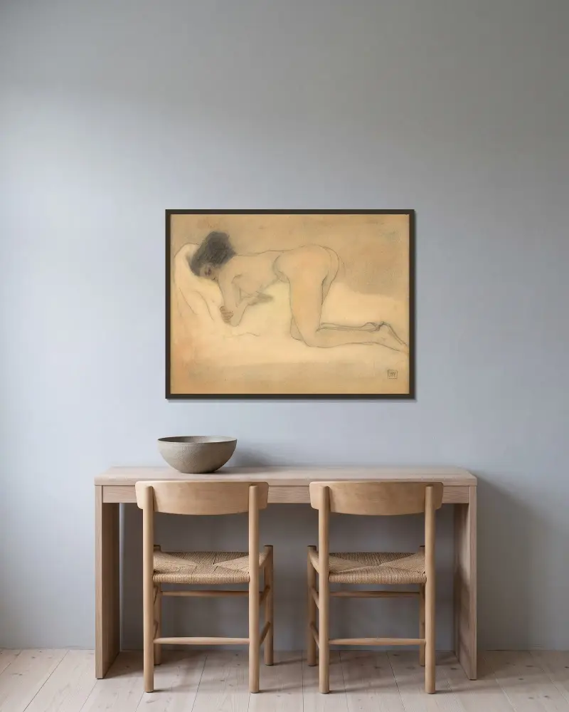 Naked woman squatting av Armand Rassenfosse inramad på en vägg