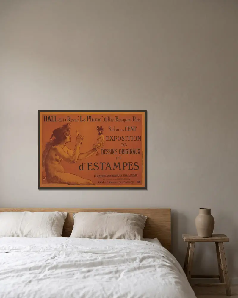 Design och slutlig version av affisch för utställning av teckningar och frimärken av Armand Rassenfosse inramad på en vägg