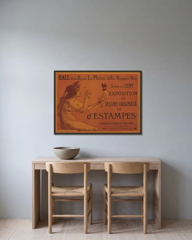 Design och slutlig version av affisch för utställning av teckningar och frimärken av Armand Rassenfosse inramad på en vägg