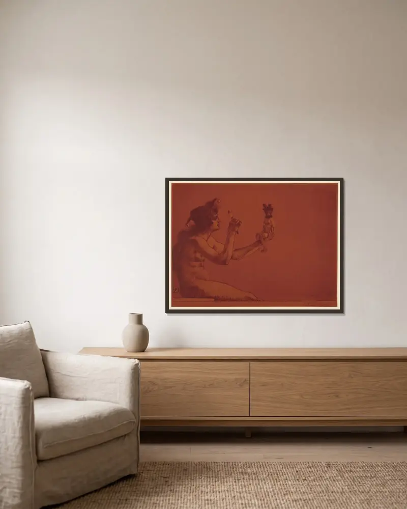 Ontwerp en definitieve versie affiche tentoonstelling van tekeningen-zegels av Armand Rassenfosse inramad på en vägg