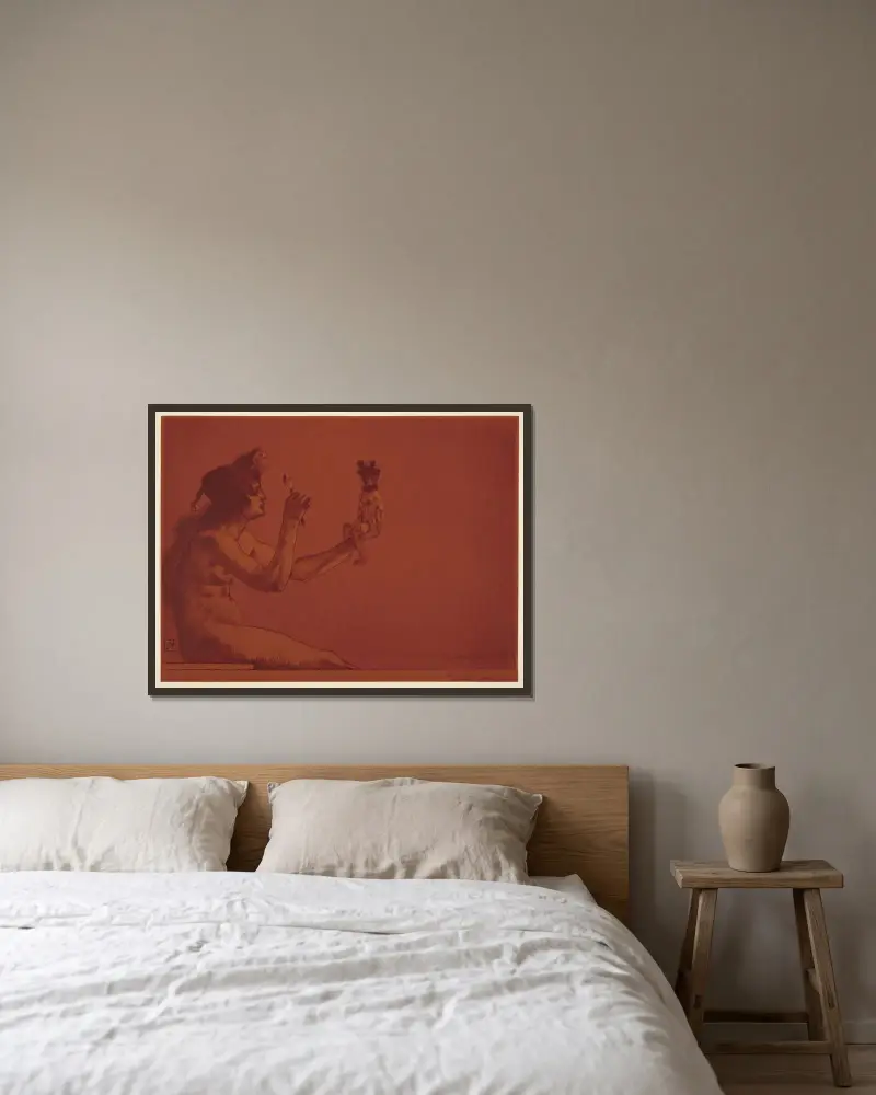 Ontwerp en definitieve versie affiche tentoonstelling van tekeningen-zegels av Armand Rassenfosse inramad på en vägg