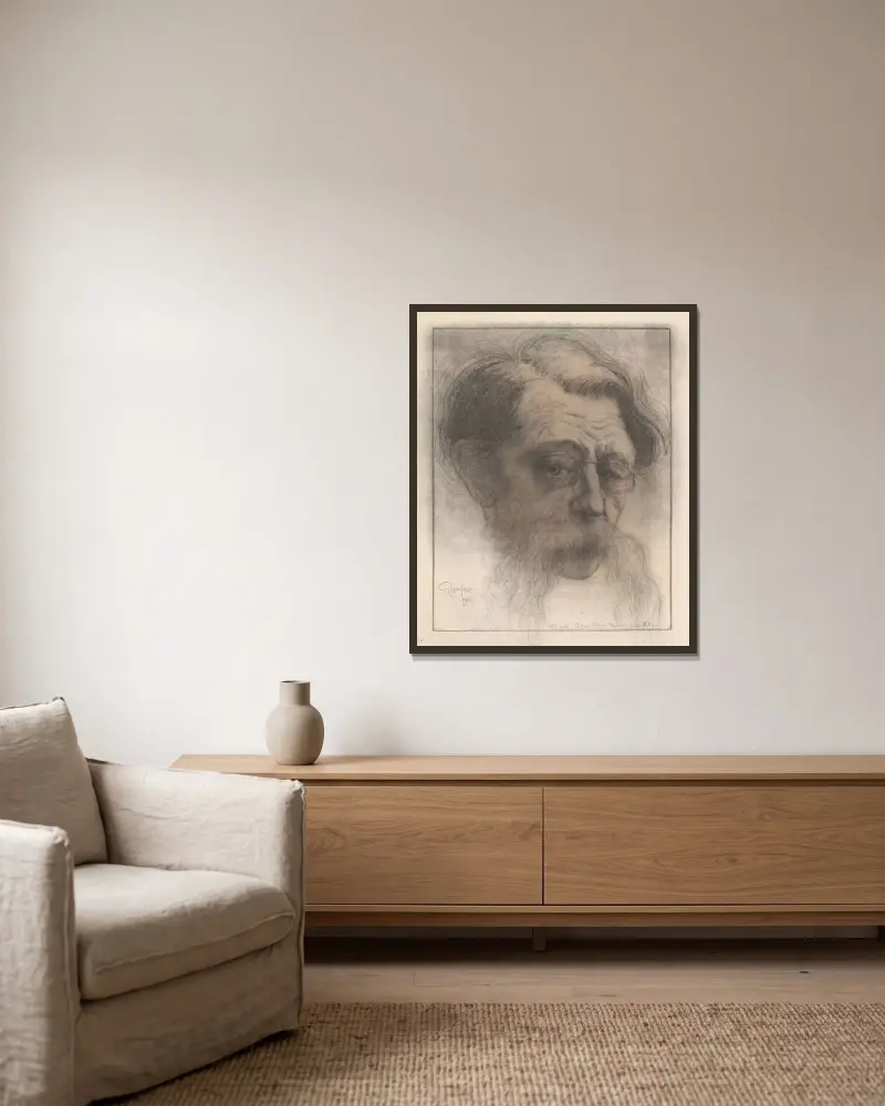 Porträtt av Emile Verhaeren av Armand Rassenfosse inramad på en vägg