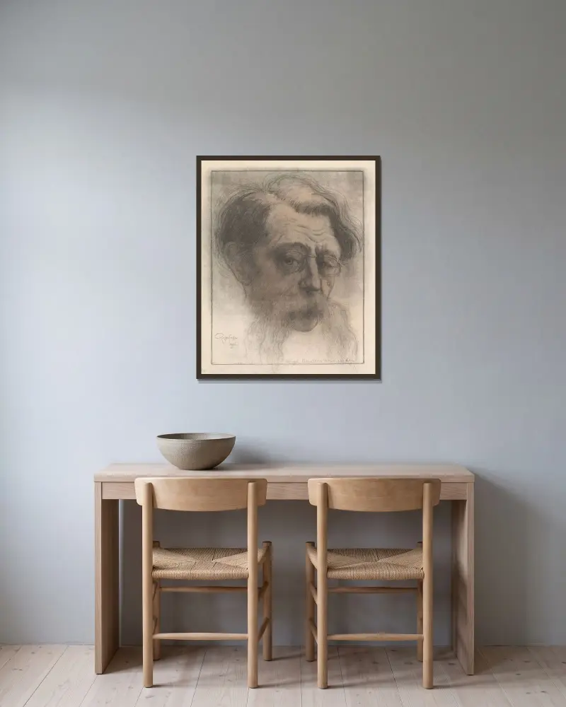 Porträtt av Emile Verhaeren av Armand Rassenfosse inramad på en vägg