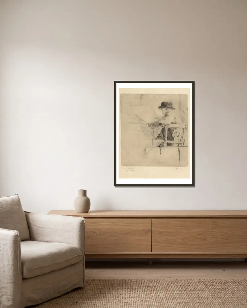 The print lover L’Amateu av Armand Rassenfosse inramad på en vägg