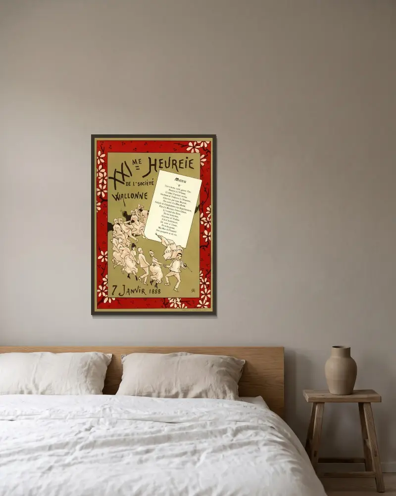 XXIIème Heureie de l’Société wallonne. Menü des einundzwanzigsten Banketts der Société de langue et de littérature wallonnes vom 7. Januar 1888 von Armand Rassenfosse gerahmt an einer Wand