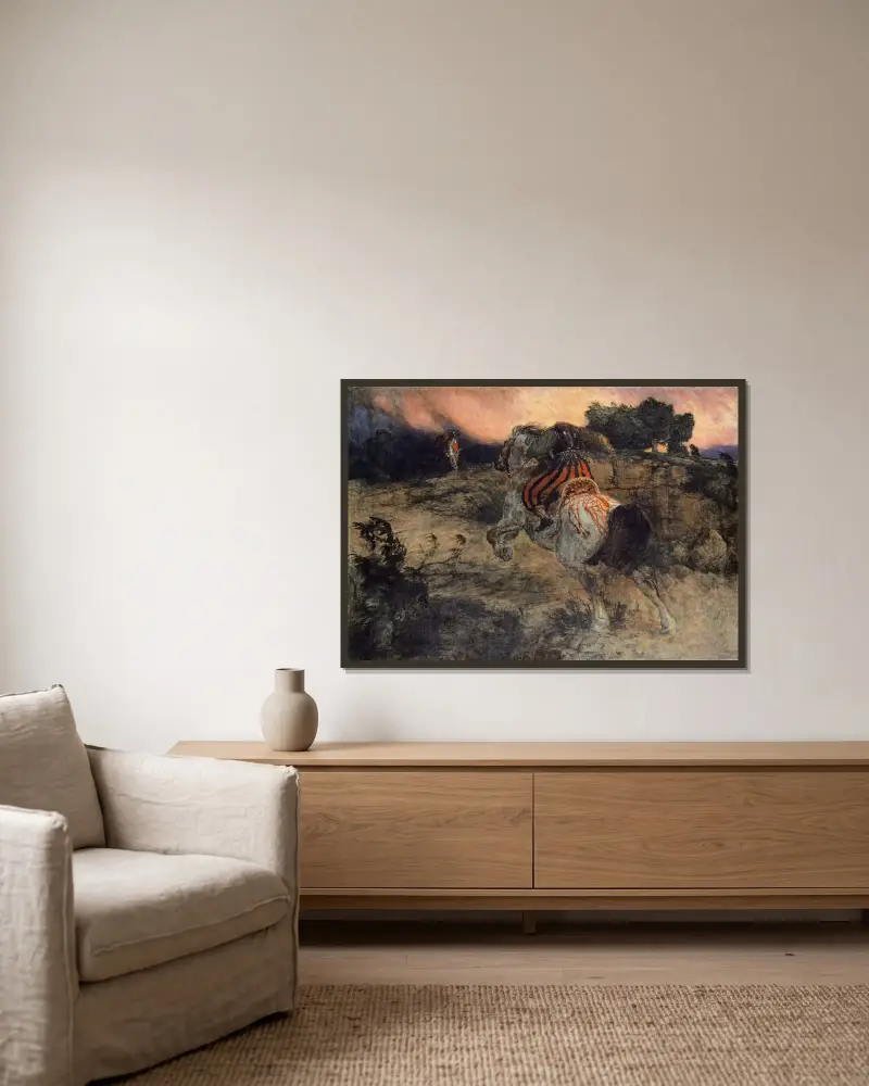 Astolf reitet mit dem Haupt Orills davon von Arnold Böcklin gerahmt an einer Wand