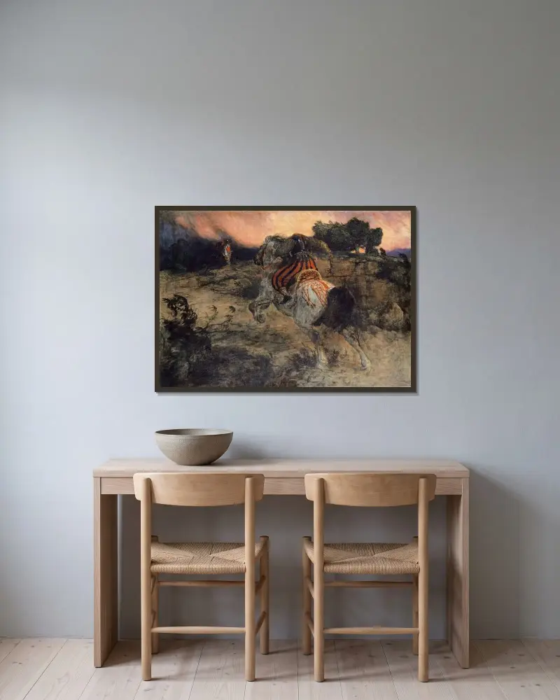Astolf reitet mit dem Haupt Orills davon von Arnold Böcklin gerahmt an einer Wand