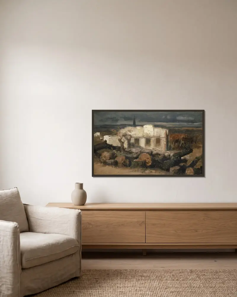 Förstört hus nära Kehl av Arnold Böcklin inramad på en vägg