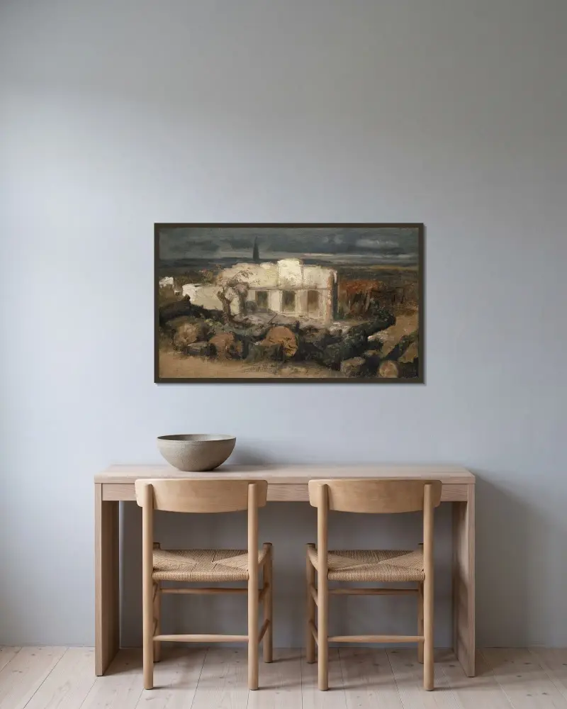 Förstört hus nära Kehl av Arnold Böcklin inramad på en vägg