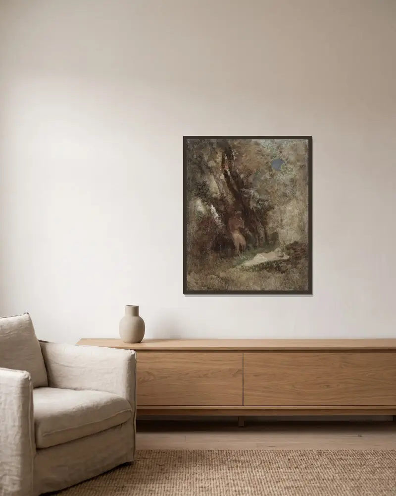 Faun och nymf i skogen av Arnold Böcklin inramad på en vägg