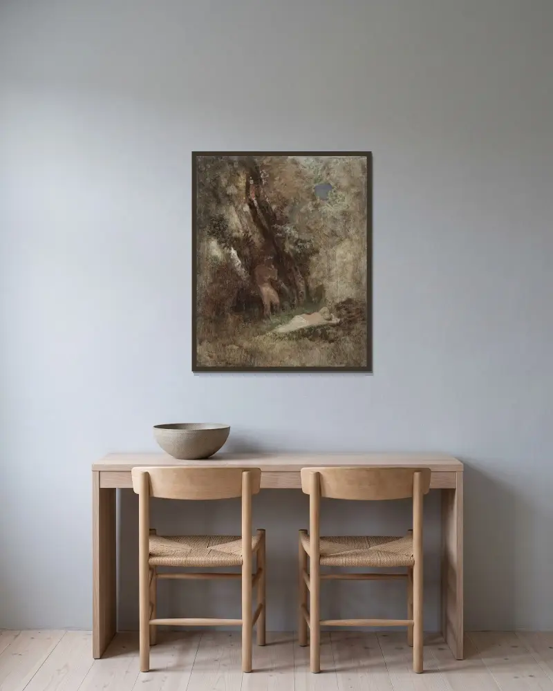 Faun och nymf i skogen av Arnold Böcklin inramad på en vägg