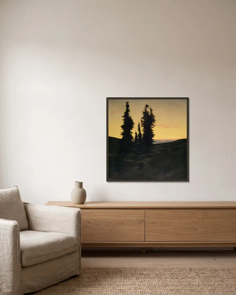 Granskog av Arnold Böcklin inramad på en vägg