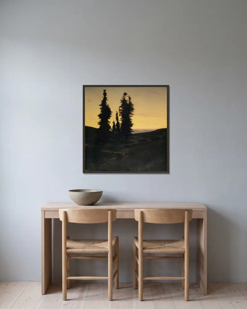 Granskog av Arnold Böcklin inramad på en vägg