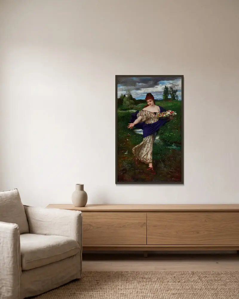 Flora, Blumen streuend von Arnold Böcklin gerahmt an einer Wand