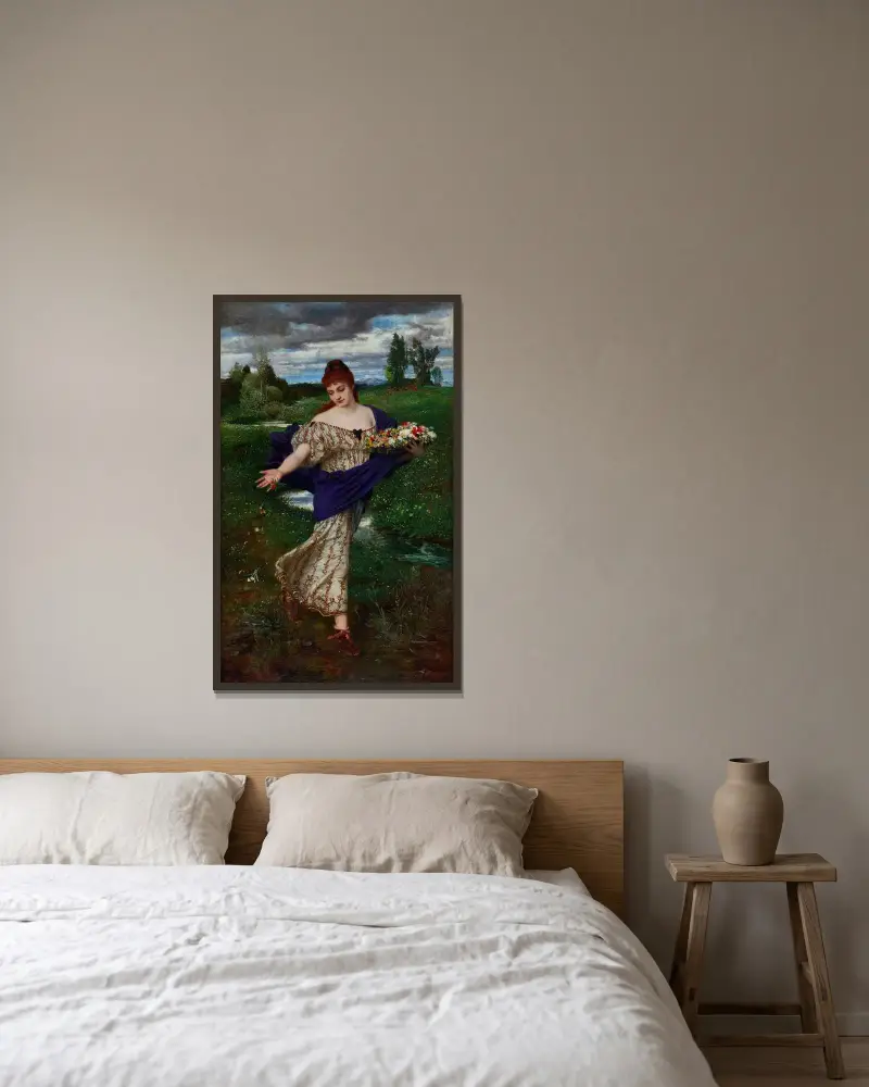 Flora, Blumen streuend von Arnold Böcklin gerahmt an einer Wand