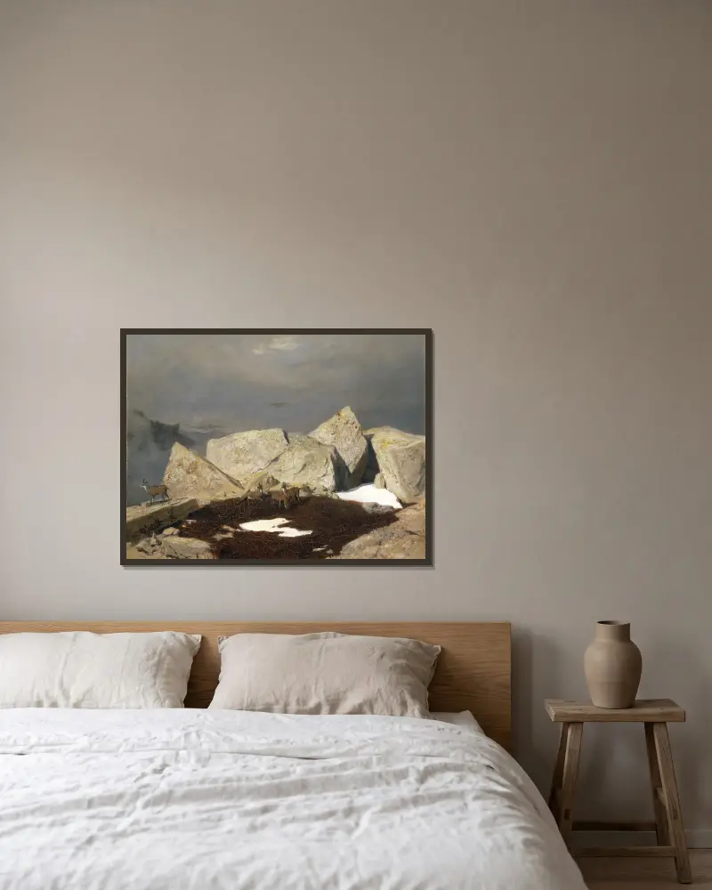 Hohe Berglandschaft mit Gämsen von Arnold Böcklin gerahmt an einer Wand