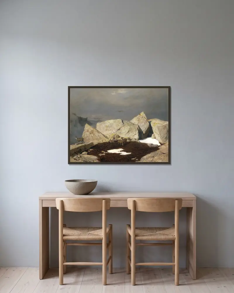 Hohe Berglandschaft mit Gämsen von Arnold Böcklin gerahmt an einer Wand
