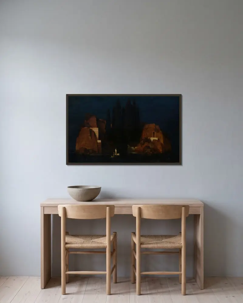 Die Toteninsel von Arnold Böcklin gerahmt an einer Wand