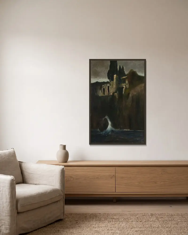 Landskap av Arnold Böcklin inramad på en vägg