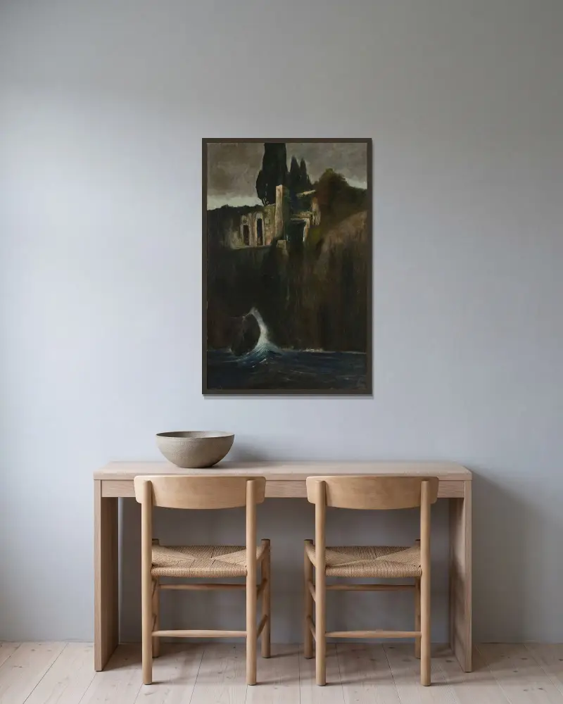 Landskap av Arnold Böcklin inramad på en vägg