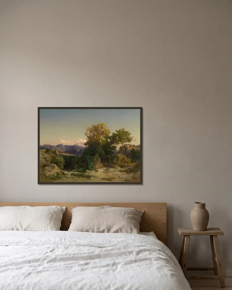 Landskap i den romerska Campagnan av Arnold Böcklin inramad på en vägg