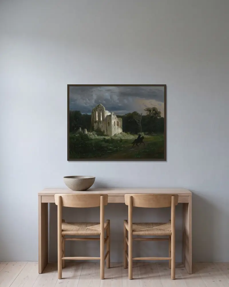 Månskenslandskap med ruin av Arnold Böcklin inramad på en vägg