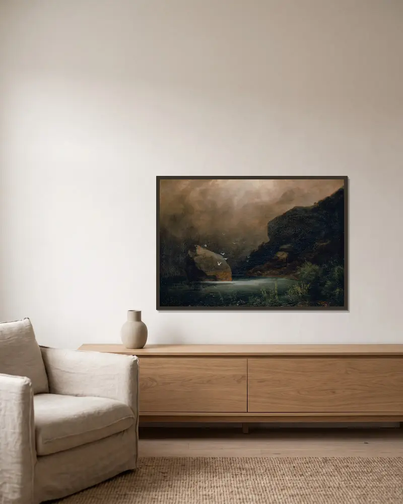 Bergsee mit Möwen von Arnold Böcklin gerahmt an einer Wand