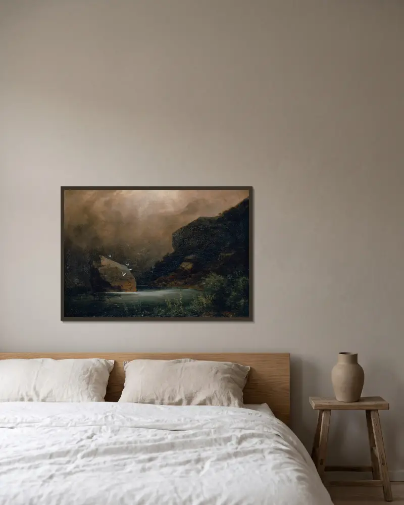 Bergsee mit Möwen von Arnold Böcklin gerahmt an einer Wand