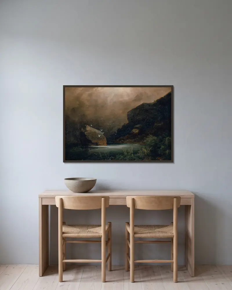 Bergsee mit Möwen von Arnold Böcklin gerahmt an einer Wand