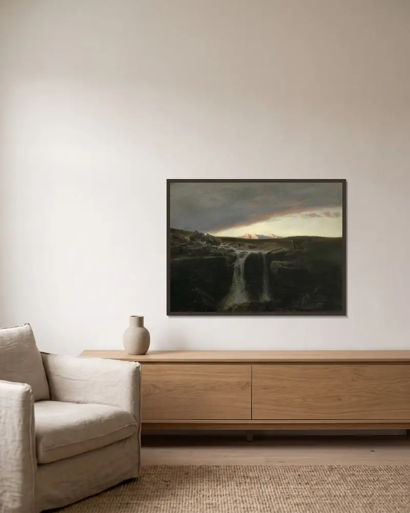Berglandschaft mit Wasserfall von Arnold Böcklin gerahmt an einer Wand