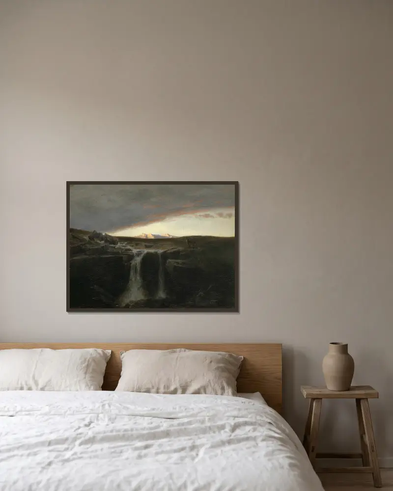 Berglandschaft mit Wasserfall von Arnold Böcklin gerahmt an einer Wand