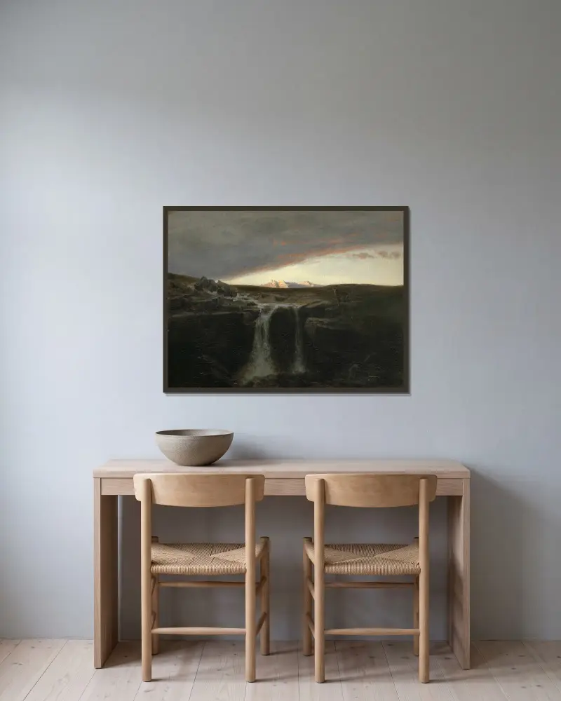 Berglandschaft mit Wasserfall von Arnold Böcklin gerahmt an einer Wand