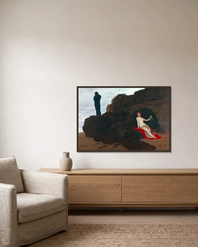 Odysseus und Kalypso von Arnold Böcklin gerahmt an einer Wand