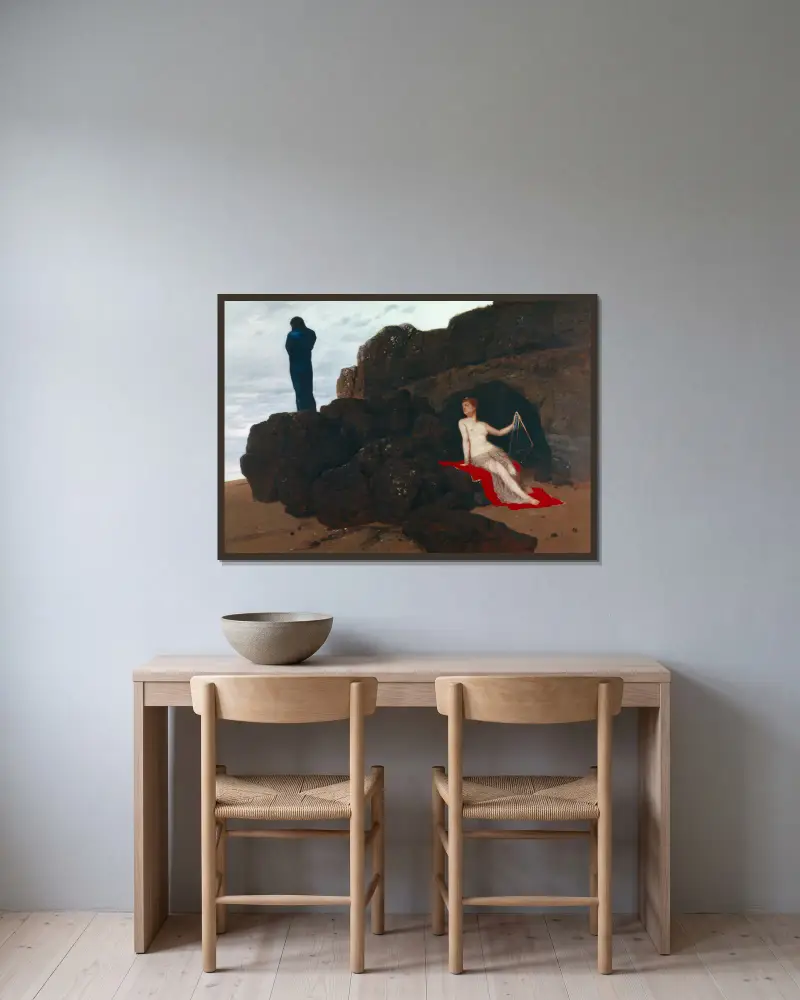 Odysseus und Kalypso von Arnold Böcklin gerahmt an einer Wand