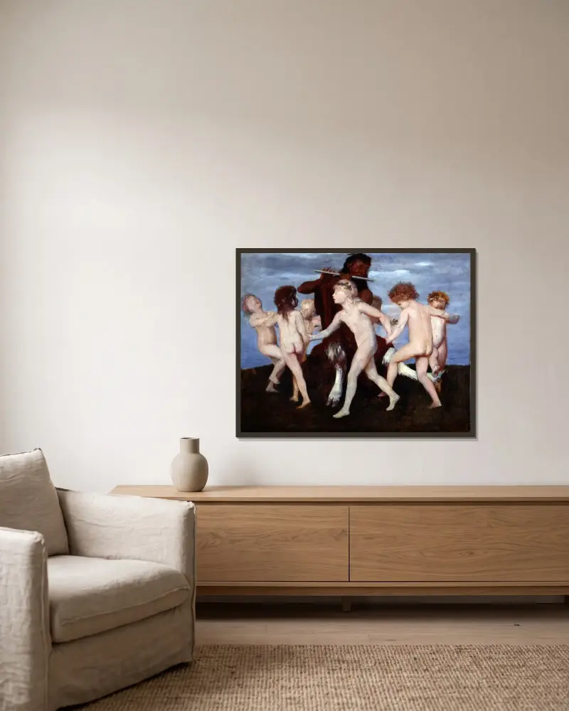 Pan tanzt mit Kindern von Arnold Böcklin gerahmt an einer Wand