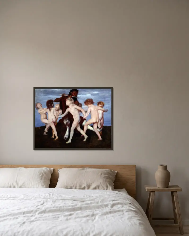 Pan tanzt mit Kindern von Arnold Böcklin gerahmt an einer Wand