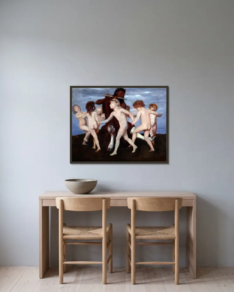 Pan tanzt mit Kindern von Arnold Böcklin gerahmt an einer Wand