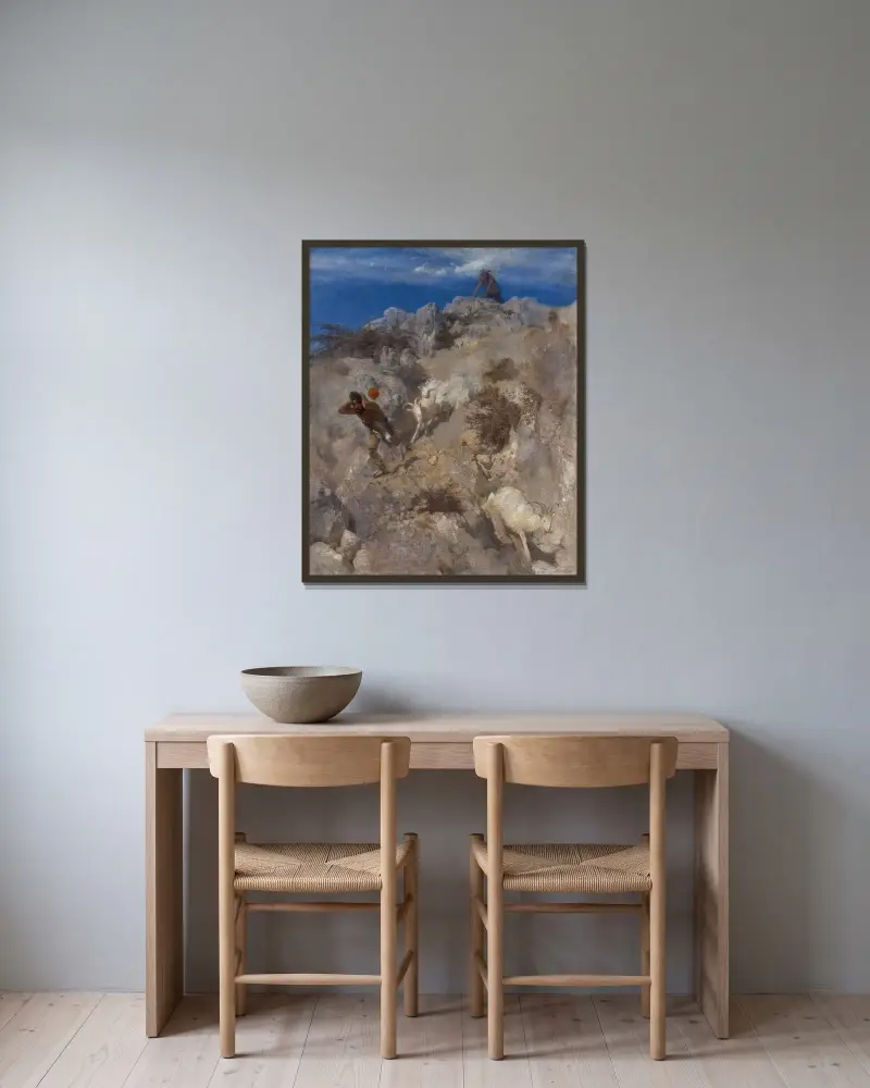 Pan skrämmer en herde (Terrified Panic) av Arnold Böcklin inramad på en vägg