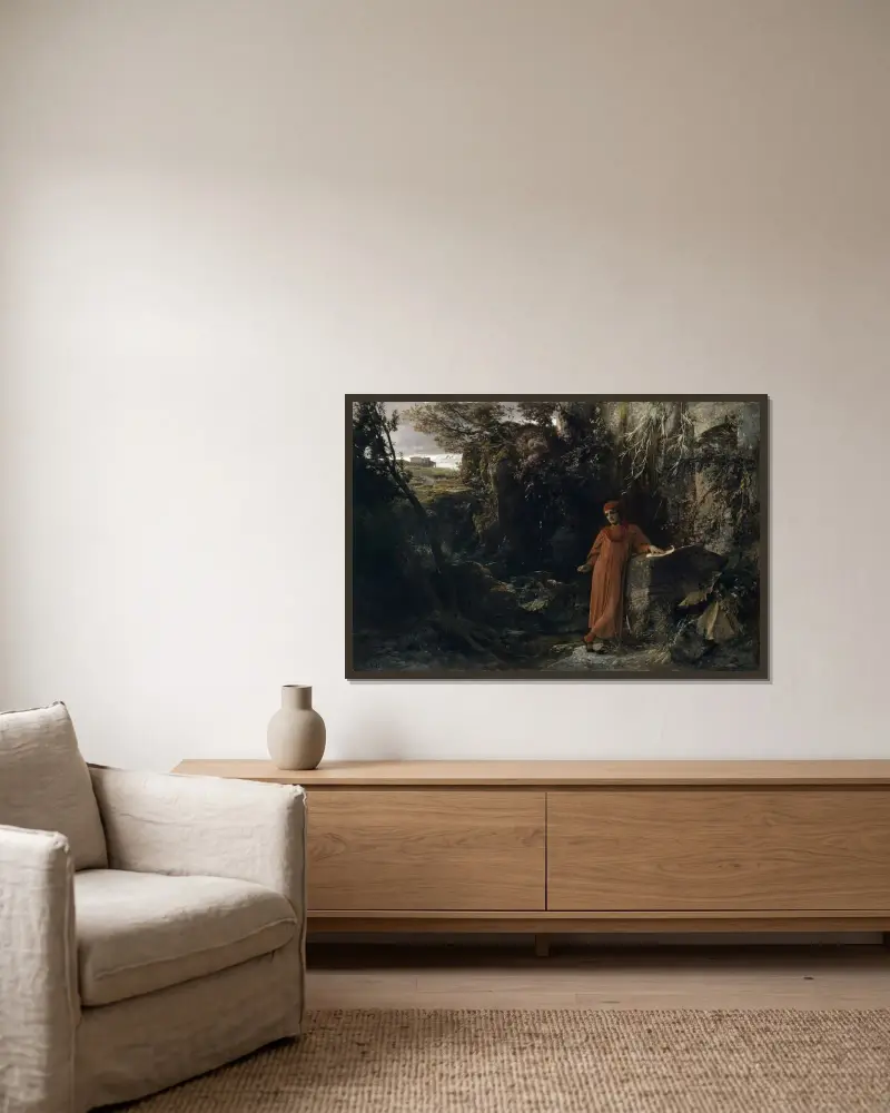 Petrarca vid Vaucluse källa av Arnold Böcklin inramad på en vägg