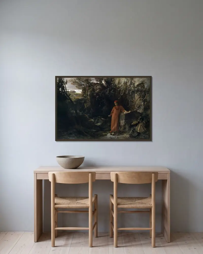 Petrarca vid Vaucluse källa av Arnold Böcklin inramad på en vägg