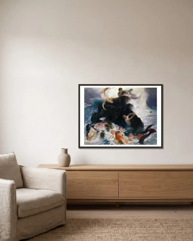 Spiel der Nereiden von Arnold Böcklin gerahmt an einer Wand