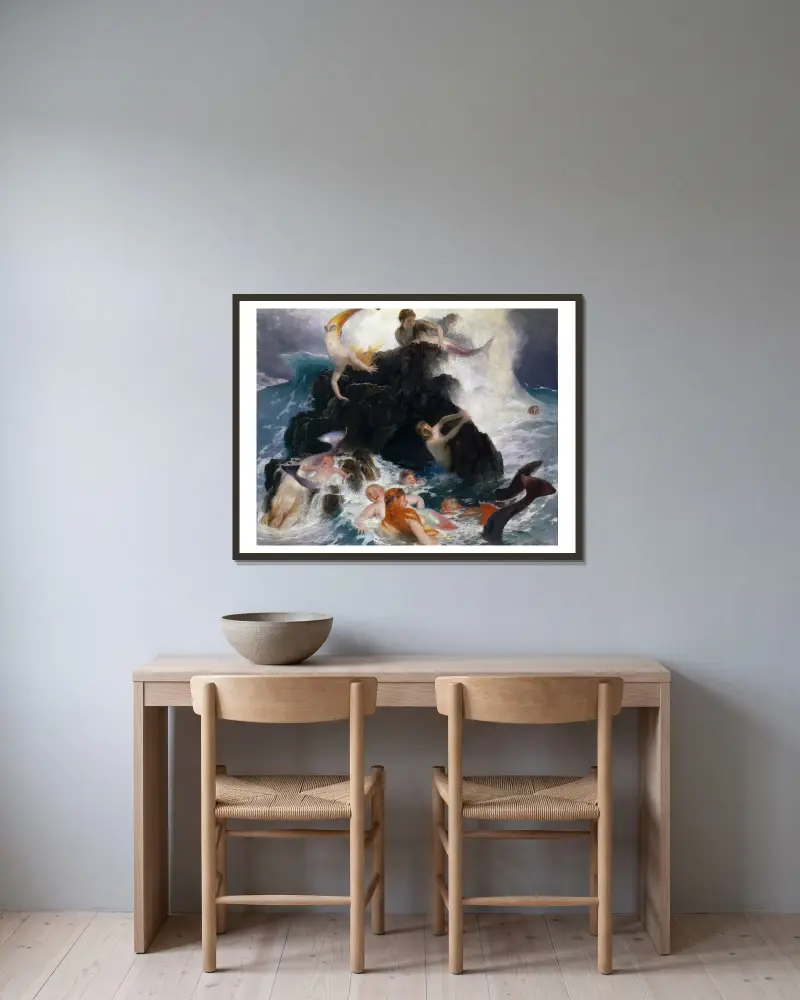 Spiel der Nereiden von Arnold Böcklin gerahmt an einer Wand