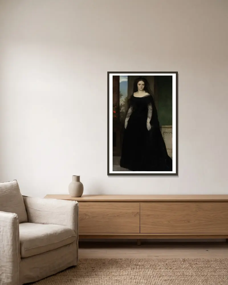 Portrait of the Actress Fanny Janauschek av Arnold Böcklin inramad på en vägg