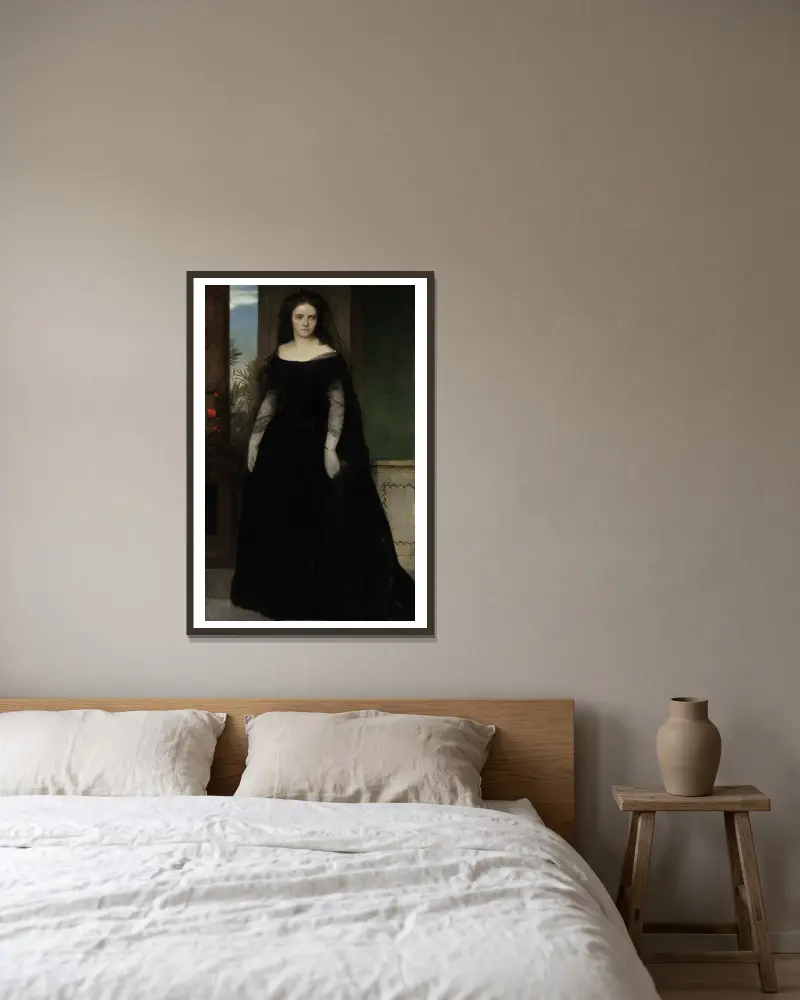 Portrait of the Actress Fanny Janauschek av Arnold Böcklin inramad på en vägg