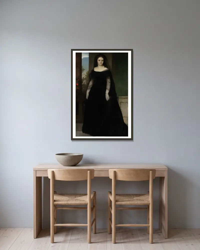 Portrait of the Actress Fanny Janauschek av Arnold Böcklin inramad på en vägg